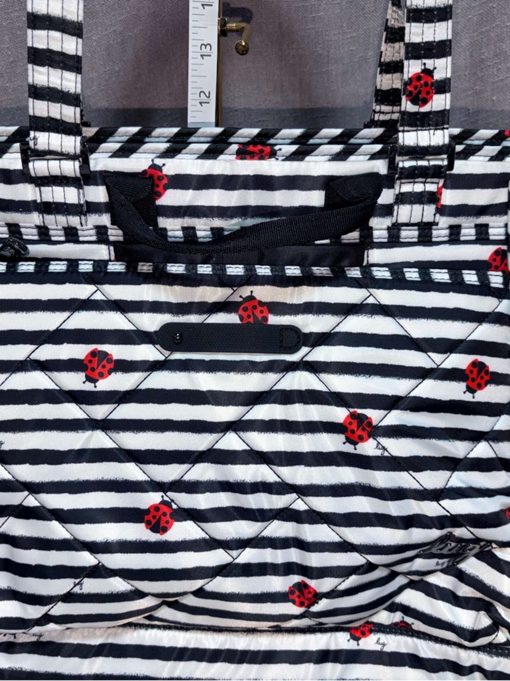 Lug Black & White Striped Tote Bag with Red Ladybug Accents - Picture 2 of 9